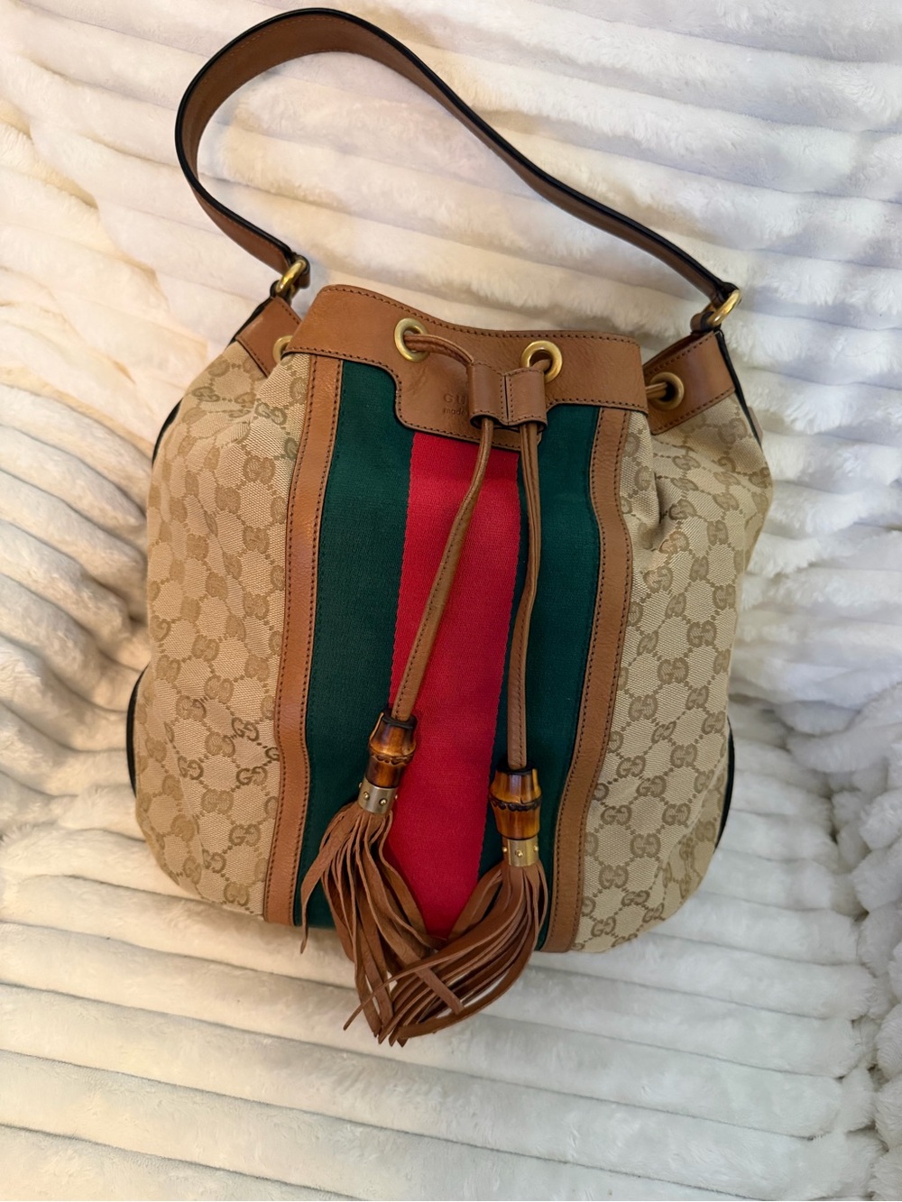 Gucci GG Canvas Web Rania Drawstring Hobo Bag